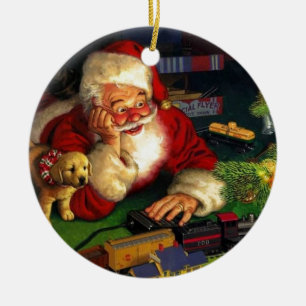 Ornement Rond En Céramique Père Noël avec chiot