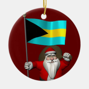 Ornement Rond En Céramique Père Noël Avec Drapeau Des Bahamas
