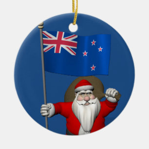 Ornement Rond En Céramique Père Noël Avec L'Ensigne De Nouvelle-Zélande