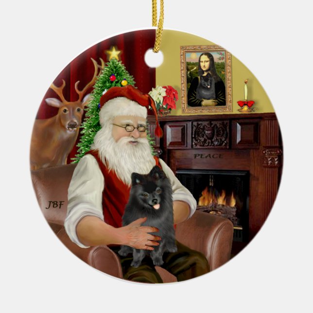 Ornement Rond En Céramique Père Noël-Black Pomeranian (Devant)