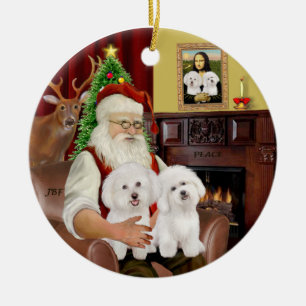 Ornement Rond En Céramique Père Noël - Deux Bichon Frise