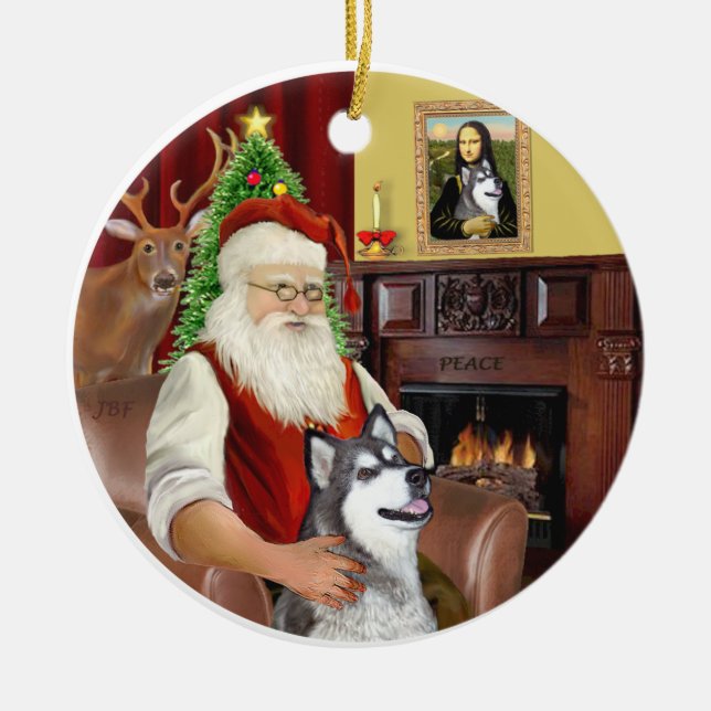 Ornement Rond En Céramique Père Noël et un Malamute d'Alaska (Devant)