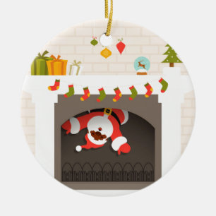 Ornement Rond En Céramique père Noël noire coincée dans une cheminée