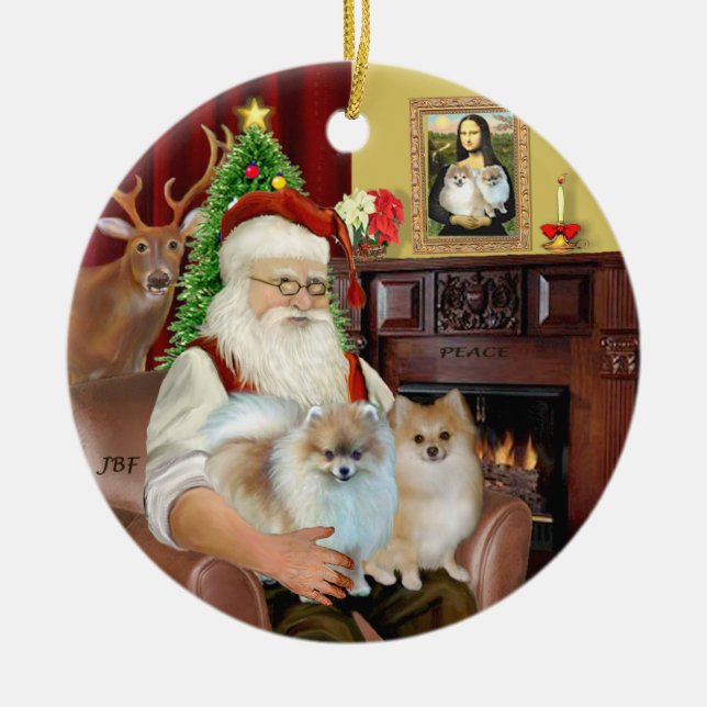 Ornement Rond En Céramique Père Noël - Poméraniens 9deux) (Devant)