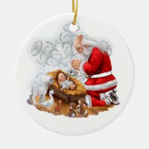 Ornement Rond En Céramique Père Noël prient au-dessus de l'ornement de Jésus