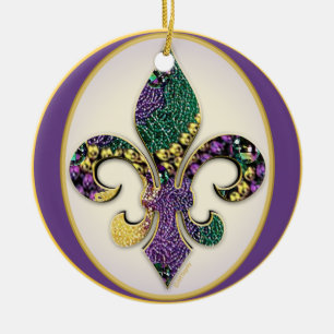Ornement Rond En Céramique Perles de mardi gras de Fleur de lis