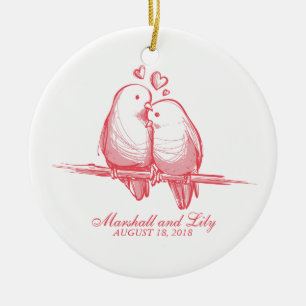 Ornement Rond En Céramique Perruches douces Valentine épousant l'ornement de