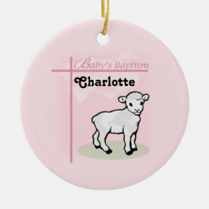 Ornement Rond En Céramique Personnalisable, Baptême, Rose, Fille, Agneau