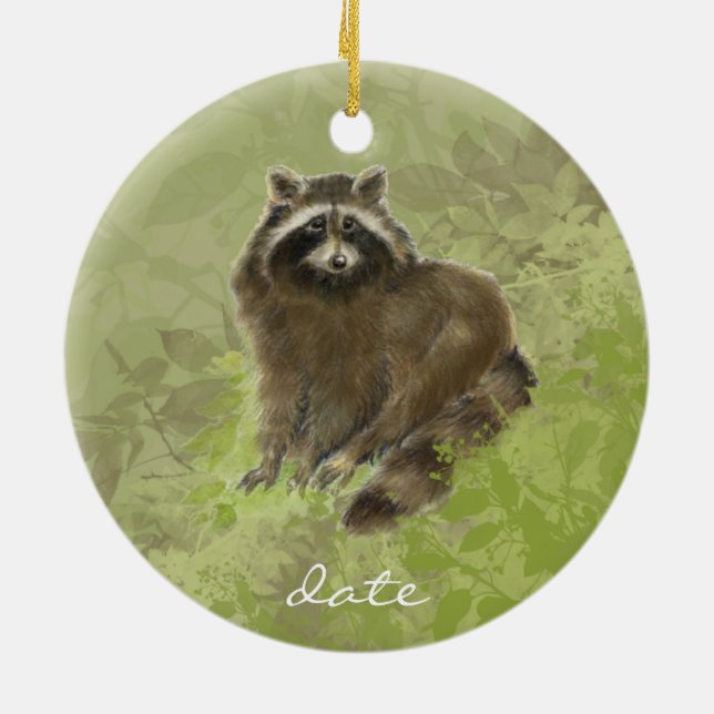 Ornement Rond En Céramique Personnalisé, Raccoon, Aquarelle (Dos)