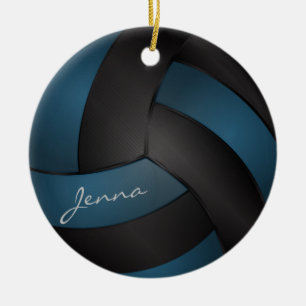 Ornement Rond En Céramique Personnaliser le volley-ball en bleu profond et no