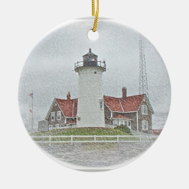 Ornement Rond En Céramique Phare dans le Joyeux Noël de neige (Devant)