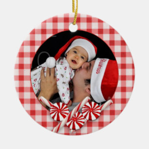 Ornement Rond En Céramique Photo personnalisée Peppermenthe Ornament de Noël