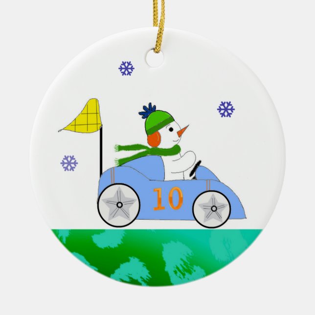 Ornement Rond En Céramique Pilote de voiture course Snowman (Devant)