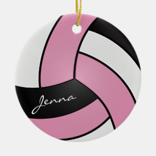 Ornement Rond En Céramique Pink, White & Black Personalize Volleyball
