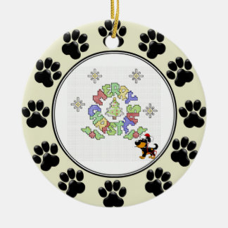 Ornement Rond En Céramique Point de croix de Joyeux Noël par le chiot