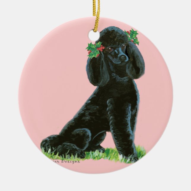 Ornement Rond En Céramique Poodle noir à Holly Arbre de Noël (Devant)