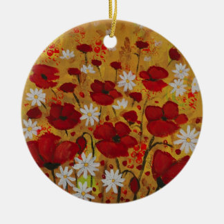 Ornement Rond En Céramique Pré de pavot, fleurs rouges