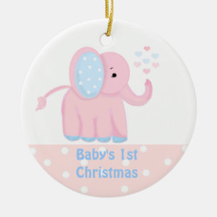 Ornement Rond En Céramique Premier éléphant rose doux de Noël du bébé