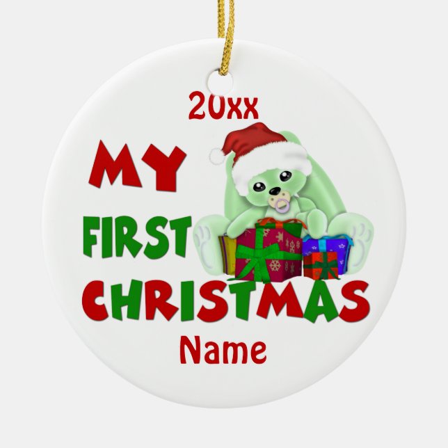Ornement Rond En Céramique Premier lapin de Noël de Babys personnalisé (Devant)