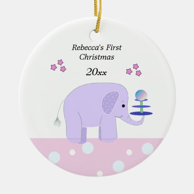 Ornement Rond En Céramique Premier Noël de bébé éléphant (Devant)