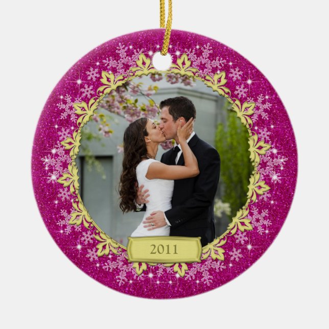 Ornement Rond En Céramique Premier Noël ensemble Pink Snowflon photo (Devant)