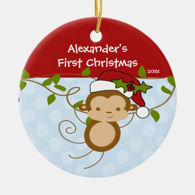 Ornement Rond En Céramique Premier singe de Père Noël de garçon d'ornement de (Devant)