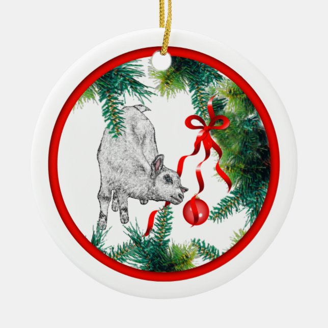 Ornement Rond En Céramique Première chèvre de Noël du bébé (Devant)