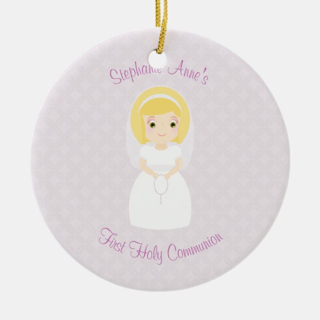 Ornement Rond En Céramique Première fille de blonde de sainte communion (Devant)