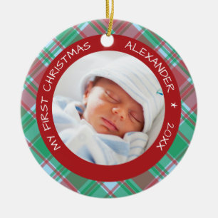 Ornement Rond En Céramique Première photo de Noël de Plaid I Baby