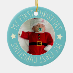 Ornement Rond En Céramique Première photo personnalisée de Noël du bébé bleu