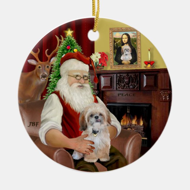Ornement Rond En Céramique R-Père Noël-Shih Tzu (P) (Devant)