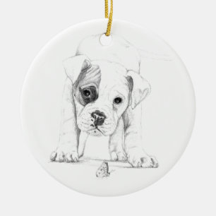 Ornement Rond En Céramique Raccordez un art de dessin de chiot de boxeur