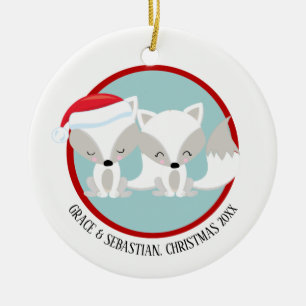 Ornement Rond En Céramique Renards arctiques de Noël Personnalisés