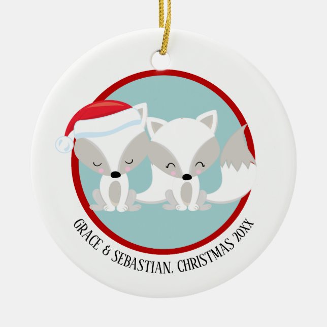 Ornement Rond En Céramique Renards arctiques de Noël Personnalisés (Devant)