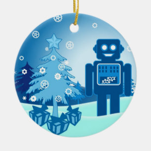 Ornement Rond En Céramique Robot bleu Chritsmas