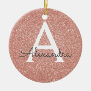 Ornement Rond En Céramique Rose Rose Parties scintillant Or & Monogramme étin