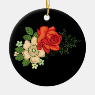 Ornement Rond En Céramique Rose rouge et marguerites Arrière - plan noir