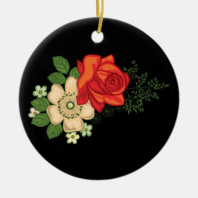 Ornement Rond En Céramique Rose rouge et marguerites Arrière - plan noir (Devant)