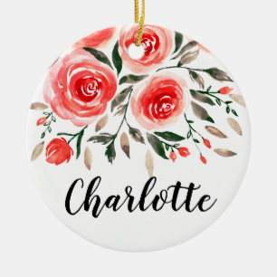 Ornement Rond En Céramique Roses roses rose personnalisées Aquarelle Florale