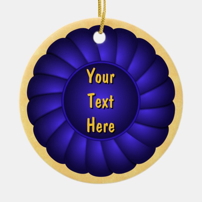 Ornement Rond En Céramique Rosette de ruban bleu pour personnaliser (Devant)