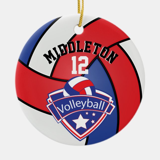 Ornement Rond En Céramique 🏐 Rouge, Blanc et Bleu Personnalisez le volleybal (Devant)