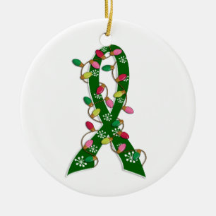 Ornement Rond En Céramique Ruban de lumières de Noël de Cancer de foie