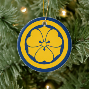 Ornement Rond En Céramique Sakai Mon japonais samouraï clan jaune sur bleu
