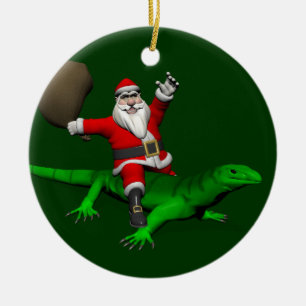 Ornement Rond En Céramique Santa Claus Riding Green Lizard