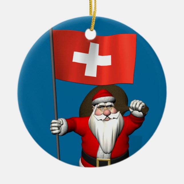 Ornement Rond En Céramique Santa Claus With Ensign Of Switzerland (Devant)