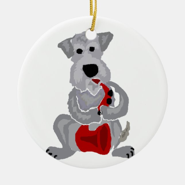 Ornement Rond En Céramique Schnauzer drôle jouant le saxophone rouge (Devant)