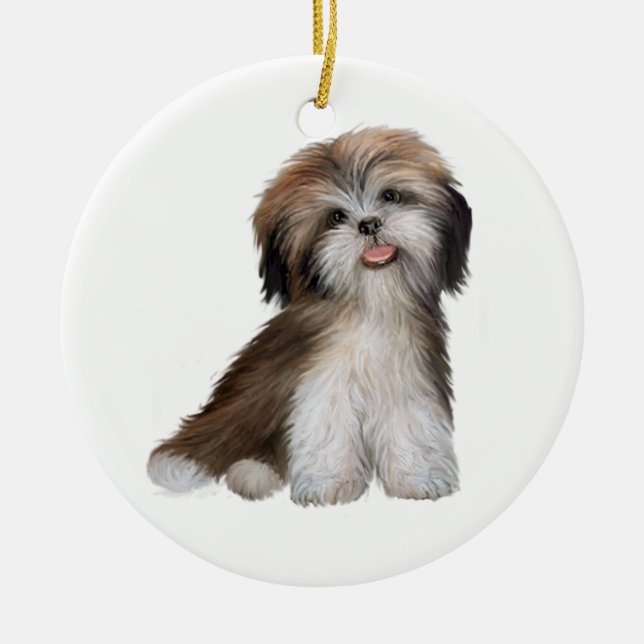 Ornement Rond En Céramique Shih Tzu - marron et blanc #2 (Devant)