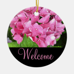 Ornement Rond En Céramique Signe rose de porte d'accueil d'hortensia