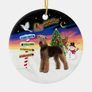 Ornement Rond En Céramique Signes de Noël - Airedale (debout)