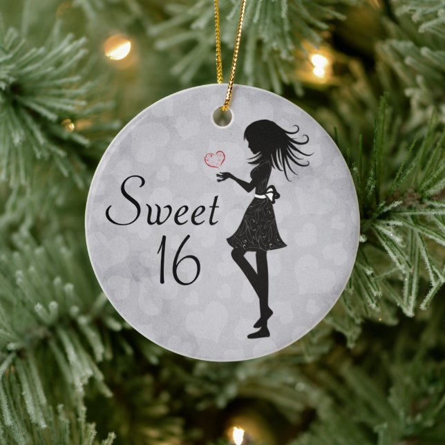 Ornement Rond En Céramique Silhouette personnalisée Fille et Coeurs doux 16 (Arbre)
